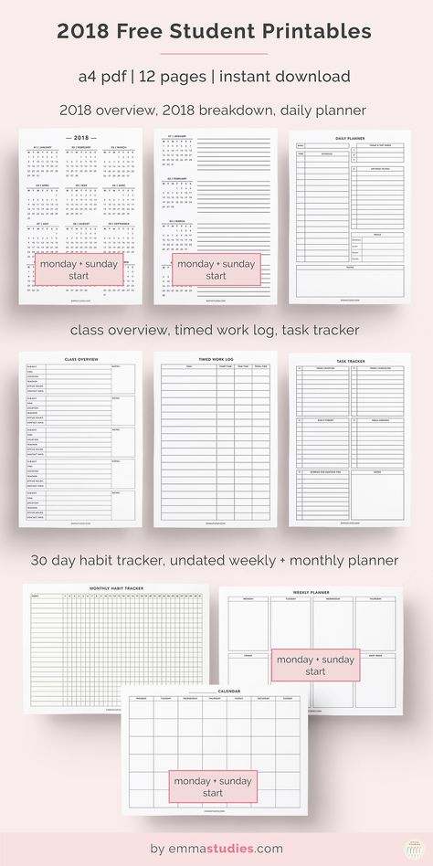 2018 Free Student and Calendar PrintablesWith the new year approaching, I’ve decided to make a 12 page pack of free printables including a 2018 yearly overview and monthly breakdown! The pack comes in Monday and Sunday start options so you can pick... College Templates, Student Printables, College Printables, How To Take Notes, Rutinitas Harian, Yearly Overview, Free Printable Planner, Gratis Printables, Student Planner Printable