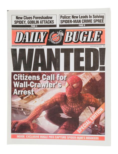 Lot #1537: SPIDER-MAN (2002) - Three Daily Bugle Newspapers Spider Man Newspaper, The Daily Bugle, Spider Man 2002, Spiderman 2002, Daily Bugle, Tobey Maguire, One Piece World, Film Props, Cloudy Weather