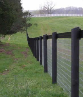 Black post and top rail wire mesh-- gorgeous, keeps everyone on their side of the fence. Pasture Fencing, Field Fence, Black Fence, Horse Fencing, Cheap Fence, Types Of Fences, Front Yard Fence, Farm Fence, Fence Landscaping