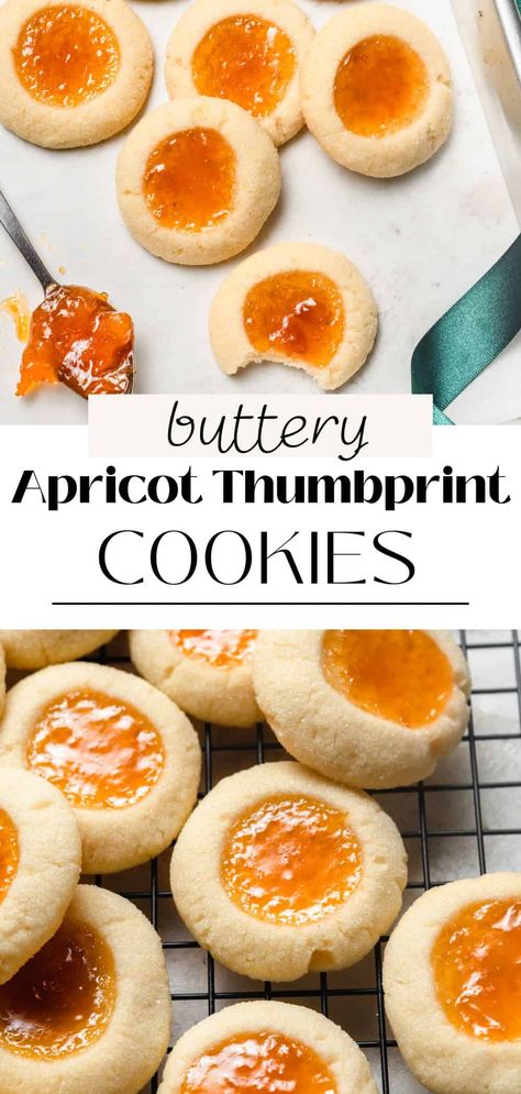 These apricot thumbprint cookies are so simple and tasty. They're made with a shortbread-like dough filled with tart apricot preserves or jam that balances the sweetness beautifully. They're perfect for any Christmas cookie box! Apricot Filled Christmas Cookies, Apricot Jam Uses, Apricot Jam Cookies Recipe, Apricot Jam Dessert Recipes, Peach Butter Cookies, Jelly Center Cookies, Fruit Thumbprint Cookies, Italian Apricot Cookies, Apricot Tarts Mini