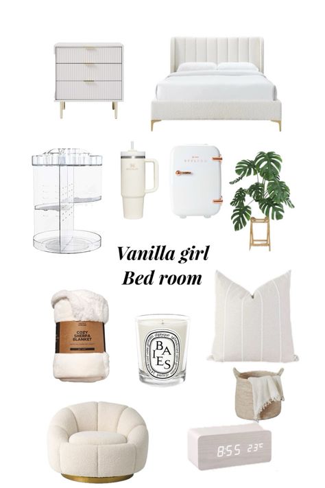 Vanilla girl bed room, aethetic room decor, soft colors, with a bed, side table,plants, mini fridge, comfortable chair, soft blanket, vanilla candel Vanilla Bedroom, Vanilla Girl Bedroom, Room Decor Essentials, Vanilla Aesthetic, Girl Bed, Beige Room, White Room Decor, Girls Dorm Room, Room Redesign