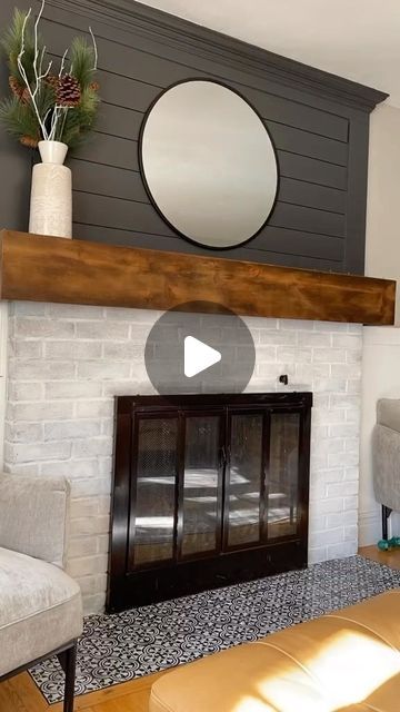 Sarah Nadarajah on Instagram: "Man, this area has come a long way!  When we moved in the fireplace was basic and bland. After adding a faux beam mantle (part 1 of this makeover), A little shiplap, crown molding, and paint and it looks like a whole new room. Now I think it might be time to dress it up for the holidays!  #fireplace #fireplacemakeover #fireplacedesign #fireplacesurround #shiplapfireplace #sherwinwilliams #sherwinwilliamsironore #diyfireplace #diyhomeimprovement #homeimprovement" Faux Beam Mantle, Fireplace With Shiplap, Beam Mantle, Diy Shiplap Fireplace, Instagram Man, Shiplap Fireplace, Faux Beams, Diy Shiplap, House Makeover