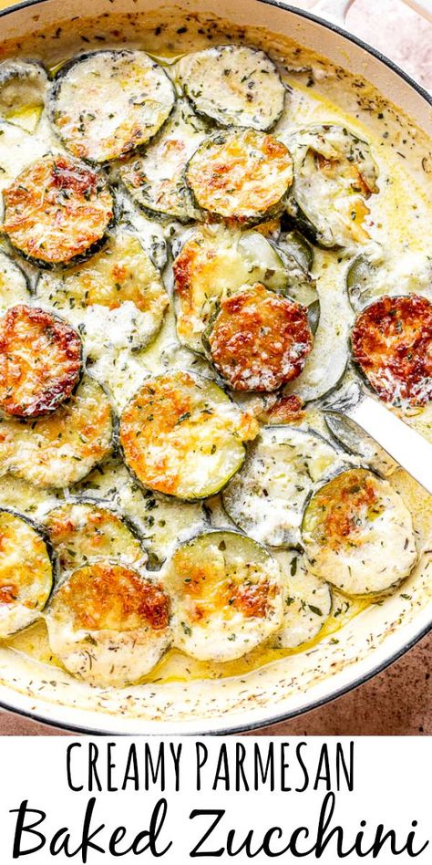 This Creamy Parmesan Baked Zucchini is the ultimate vegetarian dinner recipe! Fresh zucchini slices are covered with cream sauce and baked until golden brown in this easy comfort food meal. #zucchini #zucchinicasserole #lowcarb #keto Healthy Dinner Recipes No Tomatoes, Healthy Fast Snacks On The Go, Zucchini Recipes From Frozen, Meat And Vegetable Dinners Low Carb, Meat And Veggie Dinner Ideas, Cold Food Recipes Lunch Boxes, Creamy Parmesan Baked Zucchini, Meatless Keto Meals, Spring Side Dishes Veggies