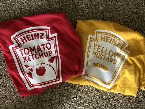 Heinz Ketchup and Mustard Halloween costumes. Made with a cricut with Siser iron on white vyinl.  #cricut #halloween  #craft #ironon #vyinl #ketchup #mustard #costume Ketchup Halloween Costume, Cricut Costumes Diy, Ketchup And Mustard Halloween Costumes, Ketchup Mustard Costume, Diy Ketchup Costume, Ketchup And Mustard Costumes Diy, Cricut Halloween Costumes, Mustard And Ketchup Costume, Ketchup Costume Diy