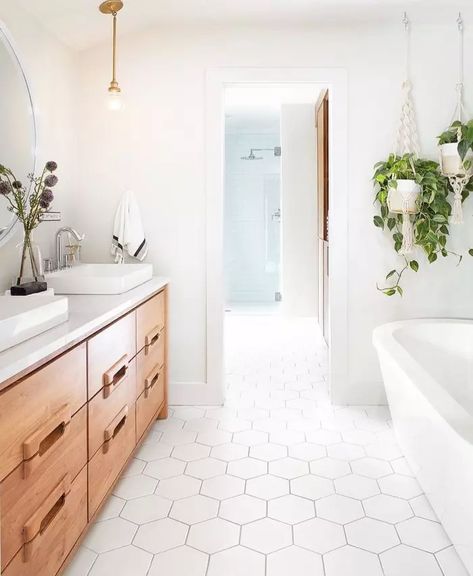 Bedrosians Tile & Stone White Hexagon Bathroom, White Hexagon Tile Bathroom, Hex Tiles Bathroom, Hexagon Tile Bathroom Floor, Hexagon Tile Bathroom, White Hexagon Tiles, Purple Bathroom Decor, Hexagon Tile Floor, Brown Bathroom Decor