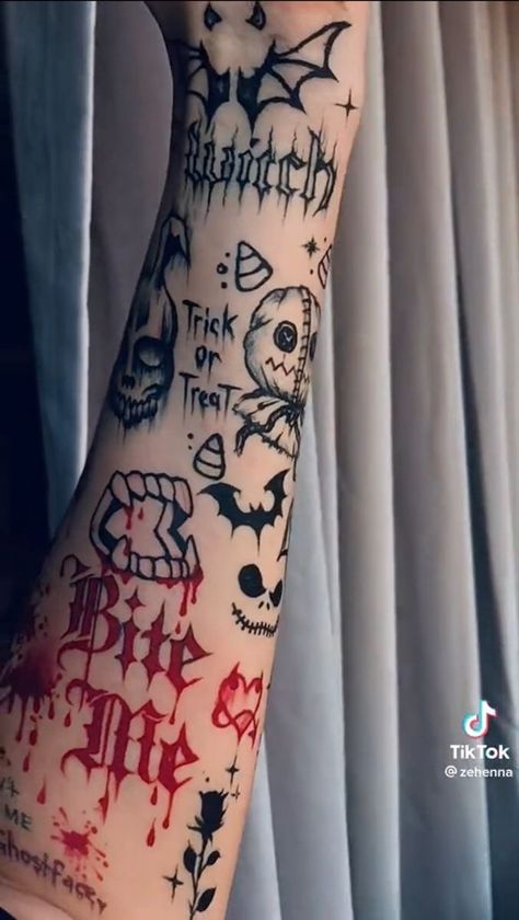 Knee High Tattoos, Double Trouble Matching Tattoos, Hand Tattoos Side Of Hand, Halloween Tattoo Hand, Bailey Illustration Tattoo, Halloween Hand Tattoo Ideas, Hand Tattoos Halloween, Alt Style Tattoos, Spooky Throat Tattoo