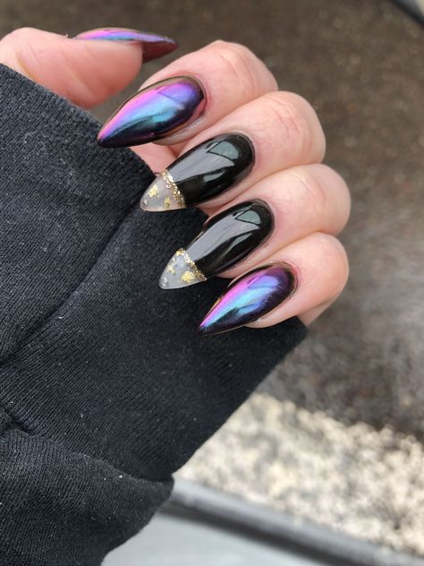 Pin on Nails #nailideas #acrylicnails #nailart Black And Opal Nails, Black Opal Nails, Black And Purple Nails, Black Gel Nails, Opal Nails, Nail Goals, Purple Nail Designs, Diy Acrylic Nails, Modern Nails