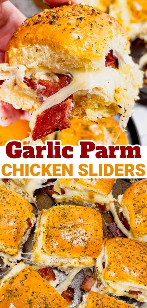 Garlic Parmesan Chicken Sliders are a delicious mini sandwich recipe loaded with shredded rotisserie chicken, bacon, provolone, mozzarella, cream cheese and Buffalo Wild Wings Parmesan Garlic Sauce. Recipes Using Provolone Cheese, Rotisserie Chicken Sliders, Mini Sandwiches Recipes, Parmesan Garlic Sauce, Hamburger Potato Soup, Parmesan Sliders, Chicken Parmesan Sliders, Shredded Rotisserie Chicken, Sliders Recipes Chicken