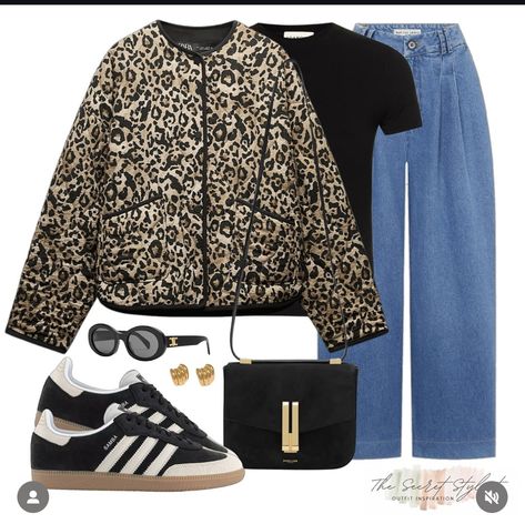 Animal Print Jacket Outfit, Leopard Print Jacket Outfit, Leopard Jacket Outfit, Print Jacket Outfit, Quilted Jacket Outfit, Winter Jacket Outfits, Outfit Links, Adidas Sambas, Leopard Print Jeans