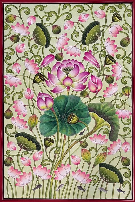 Indian Lotus Painting, Pichwai Designs, Vastu Painting, Kamal Talai, Cartoons Krishna, Pichwai Art, Handmade Paper Art, Pichwai Painting, Flex Design