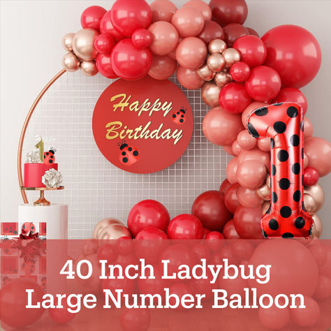 Ladybug First Birthday Party, Ladybug First Birthday, Large Number Balloons, Number 1 Balloon, 1 Balloon, 1st Birthday Party Decorations, Balloon Display, Ladybug Birthday, Ladybug Party