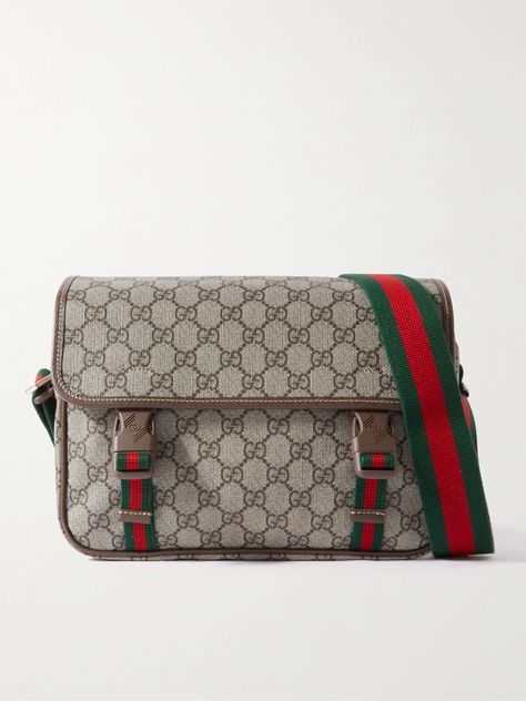 Shop GUCCI GG Supreme Leather-Trimmed Monogrammed Coated-Canvas Messenger Bag, Explore the latest in-season GUCCI collection today on MR PORTER Messenger Bag For Men, Gucci Collection, Canvas Messenger Bag, Chanel 2, Messenger Bag Men, Brown Coat, Gucci Bags, Mr Porter, Flap Pocket