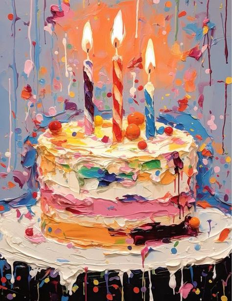 Birthday Cake Oil Painting, Birthday Cake Painting Art, Birthday Cake Art Drawing, Birthday Candle Drawing, Birthday Painting Ideas On Canvas, Candle Art Drawing, Painting Cake, Cake Painting, Birthday Painting