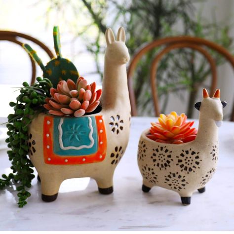 Set Of 2 Handmade Ceramic Planters Perfect For Succulents. Alpaca / Llama , And Goat . Larger One Is 9 Inches Tall And 6.1 Inches Wide. Smaller Is 6.3 Inches Tall, And 4.5 Inches Wide. Both Are Ceramic And Hand Painted. They Both Have Holes Inside To Allow The Water From Plants To Drain, So You Can't Over Water Your Plants. These Are Made To Pot Succulents, But Can Really Be Used For Any Small Plants Or Even As Decorations Or To Keep Small Items In, Such As Jewelry, Etc.. These Are Brand New, Ju Pottery Ornaments, Handmade Ceramic Planters, Pottery Pots, Ceramic Succulent, Garden Pottery, Wooden Cheese Board, Hand Built Pottery, Soft Cooler, Candle Cake