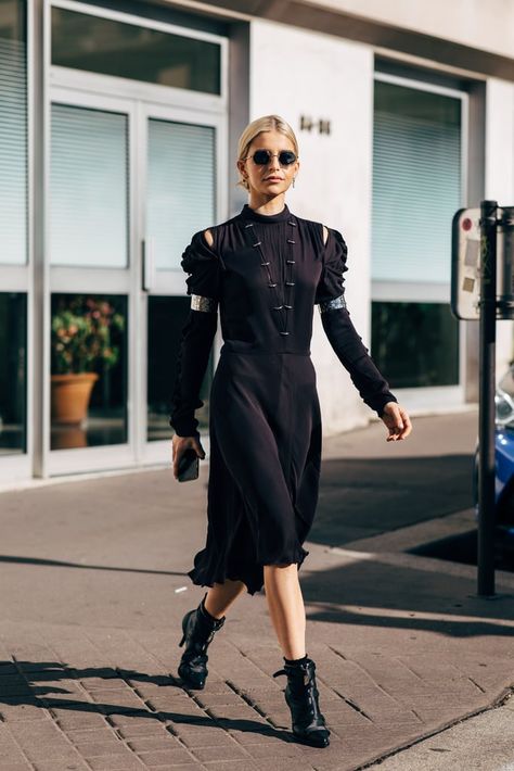 Add volume to a plain black dress with booties that have straps or buckles. Ankle Boots Outfit Dressy, Black Ankle Boots Outfit Dressy, Cocktail Dress With Boots, Black Ankle Boots Outfit, Ankle Boots Outfit, Dress With Ankle Boots, Black Plain Dress, How To Wear Ankle Boots, Boots Outfit Ankle