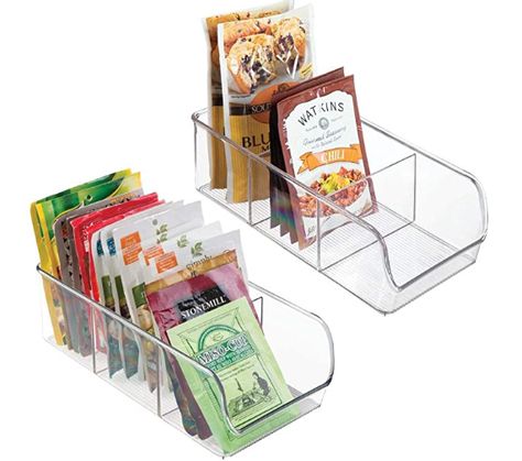 mDesign Plastic Food Packet Kitchen Storage Organizer Bin Caddy - Holds Spice Pouches, Dressing Mixes, Hot Chocolate, Tea, Sugar Packets in Pantry, Cabinets or Countertop - 2 Pack - Clear Storage Bins Organization, Freezer Organization, Food Storage Organization, Pantry Organizers, Organizing Hacks, Chocolate Caliente, Pantry Shelf, Spice Organization, Kitchen Cabinet Organization