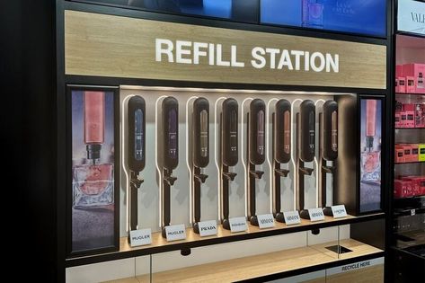 In-Store Perfume Refill Stations Soap Refill Station, Kid Skincare, Refill Store, Refill Station, Reuse Bottles, Solar Punk, The Perfume Shop, Beauty Station, Disruptive Innovation