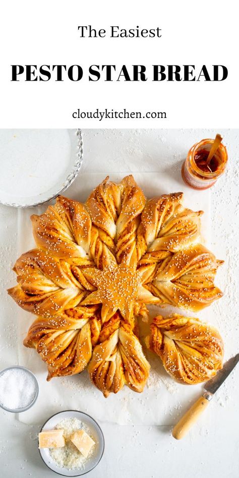 Spicy Tomato Pesto and Parmesan Star Bread. Brioche dough is layered with spicy tomato pesto and parmesan, then twisted into an easy but beautiful star bread which is perfect for tearing and sharing. Sun Bread, Bread Business, Bread Brioche, Tear And Share Bread, Bread Photography, Cloudy Kitchen, Edible Ideas, Dessert Pies, Brioche Dough