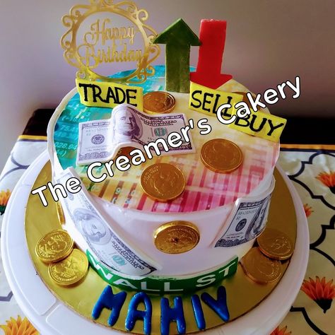 Stock market themed cake for a birthday celebration. Share Market, Themed Cakes, Cake Designs, Stock Market, Birthday Celebration, Birthday Cake, Marketing, Cream, Cake