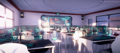 Futuristic School, Futuristic Office, Casa Anime, Sci Fi Wallpaper, Sci Fi Anime, Anime Places, Anime Classroom, Episode Backgrounds, Sci Fi City