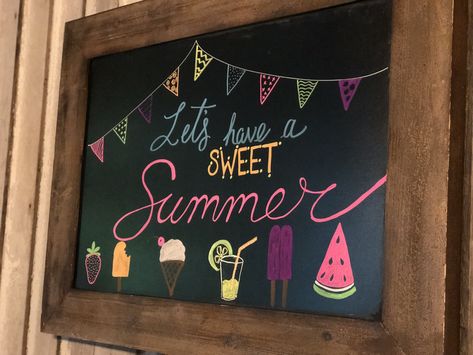 Summer chalkboard Summer Chalkboard Art, Summer Chalkboard, Chalkboard Art Diy, Chalkboard Art Quotes, Chalkboard Wall Art, Chalkboard Doodles, Blackboard Art, Chalkboard Calendar, Chalk Design