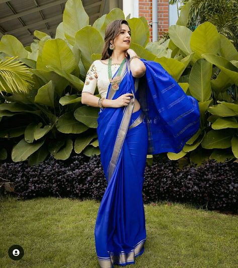 Blue Mysore Silk Saree, Blue Saree Contrast Blouse, Silk Saree Contrast Blouse, Saree Contrast Blouse, Mehendi Outfits, Mysore Silk Saree, Mysore Silk, Maggam Work Blouse Designs, Elegant Blouse Designs