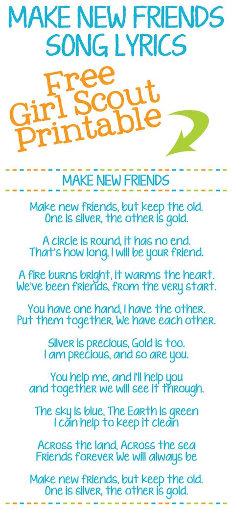 Make New Friends Girl Scout Song Lyric Printables - Help your Girl Scouts learn the words to this son. #GirlScouts #freeprintable Girl Scout Camping Activities, Scout Camping Activities, Girl Scout Songs, Girl Scout Daisy Activities, Friends Song, Girl Scout Promise, Girl Scout Law, Girl Scout Bridging, Girl Scout Troop Leader