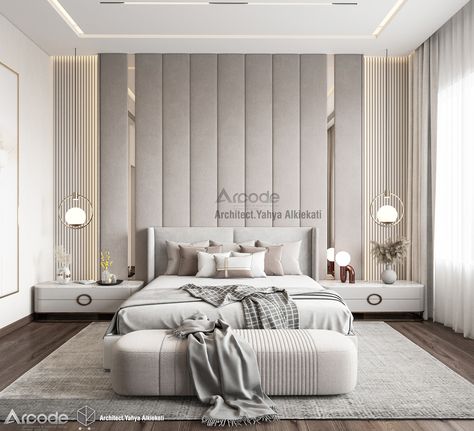 Master bedroom on Behance Bed Back Design Headboards Master Bedrooms, Master Bedrooms Decor 2023, Best Bedroom Designs Modern, Contempory Bedroom, Luxury Bed Designs Modern, Master Bedrooms Decor Luxe, Luxury Headboard Ideas, Modern Minimalist Bedroom Luxury, Modern Luxe Bedroom