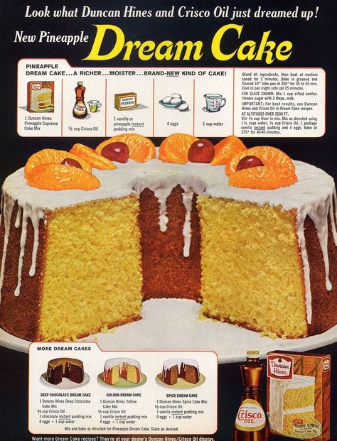 Cake Recipes with Pudding Mix Bake Drawing, Cake Recipes With Pudding, Recipes With Pudding, Pineapple Dream Cake, 1960s Food, Newspaper Recipes, Pineapple Dream, Procter And Gamble, Retro Dishes