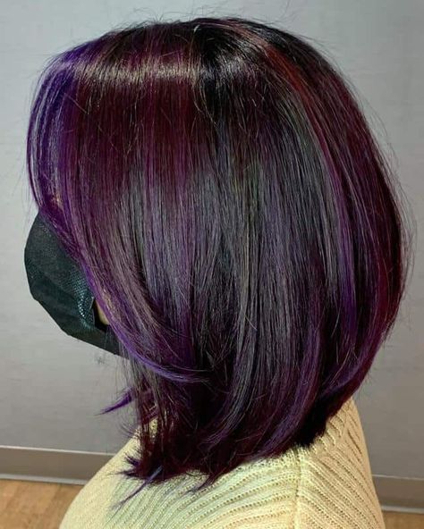 Black-Purple Bob Hair 3 Purple Balayage, Dark Purple Hair, Colour Hair, Black Hair With Highlights, Hair Color Purple, Trendy Hair, 짧은 머리, Hair Color Dark, Hair Color For Black Hair