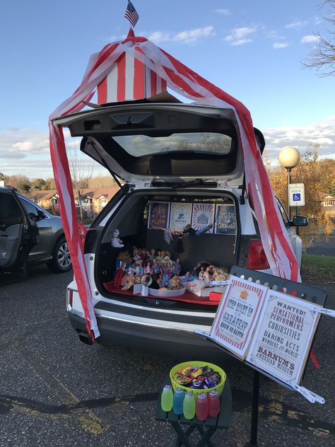 The Greatest Showman Trunk Or Treat, Greatest Showman Trunk Or Treat Ideas, Trunk Or Treat Circus, Carnival Trunk Or Treat, Halloween Parade Float, Easy Popcorn, Halloween Parade, Circus Tent, Parade Float