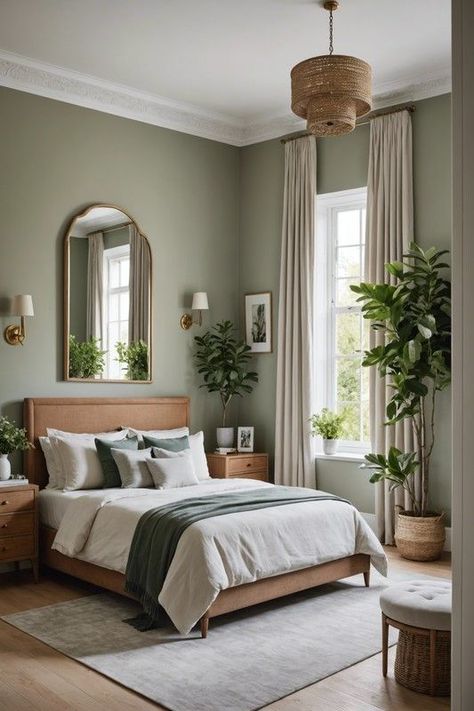 Amazing Decorating Ideas for your Home - Blushiee Cabin Green Interior, Natural Green Bedroom Ideas, Master Bedrooms Sage Green, Guest Bedroom Furniture Ideas, Green Natural Bedroom, Guest Bedroom Ideas Green, Warm Green Bedroom, Warm Color Bedroom Ideas, Bedroom Inspirations Cozy Warm