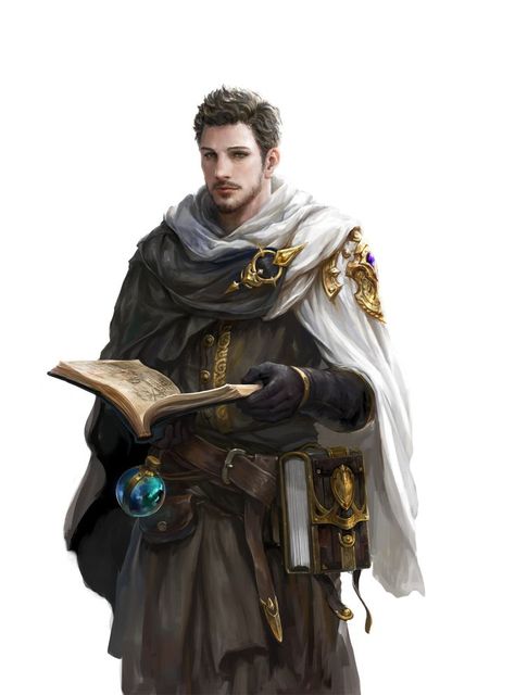 wizard / male spell caster with spellbook and flask  male human character for DnD / Pathfinder Magic Books, Personaje Fantasy, Heroic Fantasy, Human Male, Dungeons And Dragons Characters, Dnd Art, Medieval Clothing, Fantasy Male, Magic Book