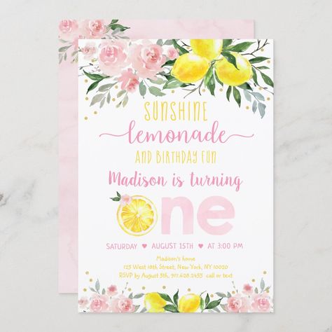 First Birthday Girl Summer, Lemonade First Birthday, Floral First Birthday, Lemonade Birthday, Pink Lemonade Party, Lemonade Party, 21st Birthday Invitations, 1st Birthday Themes, Mermaid Birthday Invitations