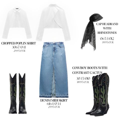 Zara midi denim skirt with a white cropped poplin shirt and trendy cowboy boots with contrast cactus style with a cap HEADBAND WITH RHINESTONES Skirt Lookbook, Denim Midi Skirt Outfit, Midi Denim Skirt, Inspo Fits, Midi Skirt Outfit, Midi Denim, Denim Midi Skirt, Skirt Outfit, Skirt Outfits