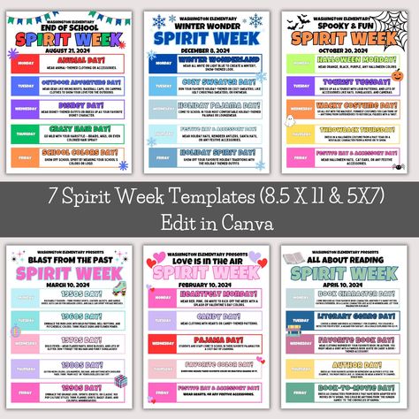 **7 Editable Canva Spirit Week Templates - Celebrate Every Season with Style Get ready to elevate your Spirit Week celebrations with our beautifully crafted set of 7 editable Canva templates! Designed to cater to all your festive needs, this collection includes quirky and fun templates for winter, Halloween, back to school, Valentine's Day, retro themes, and year-end festivities. Each template has been thoughtfully designed to capture the essence of each occasion, making it easier than ever to spread cheer and excitement within your community. Plus, with Canva's user-friendly platform, customizing these templates is a breeze for everyone, whether you're a seasoned pro or a beginner! Each template is available in high-resolution format, ensuring your final creation looks stunning no matter Spirit Week Ideas Daycare, Cheer Spirit Week Ideas, Workout Wednesday Outfit Spirit Week, Hoco Spirit Week Themes, End Of Year Spirit Week Ideas, Movie Themed Spirit Week, Halloween Spirt Week Ideas School, Spirit Week For Teachers, October Spirit Week Ideas Preschool