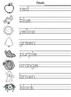 Practice color words - trace, write, color. K (NOTE: save as a PDF first; when I printed straight from Google, it came out weird. I've used CutePDF for years, it's free to download.) Handwriting Practice Free, Color Practice, Kindergarten Colors, Spelling And Handwriting, Color Words, Preschool Colors, Handwriting Worksheets, Kindergarten Writing, School Worksheets