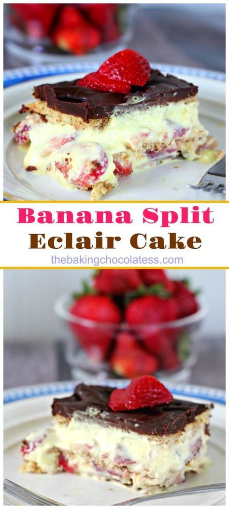 Banana Split Eclair Cake - Creamy banana or vanilla pudding fluff, fresh strawberries, graham crackers and chocolate frosting make this eclair cake perfect for summer party fun! Eclair Cakes, Banana Pudding Fluff, Pudding Fluff, Pudding Icing, Creamy Banana Pudding, Eclair Cake Recipes, Banana Desserts, Instant Banana Pudding, Marshmallow Popcorn