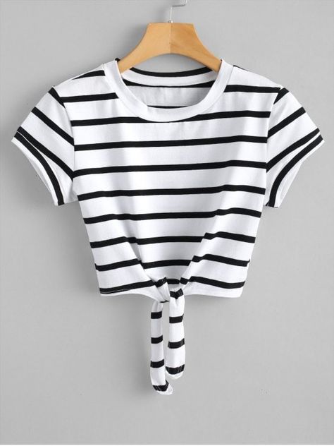 Cropped Tied Stripes Top. You' ll never want to take off this super comfy and chic stripes top with a cropped fit. It features a cute tie design on the hem in a stretchy, slim-fit silhouette. Don' t miss it, just pair it with some high waisted denims for going out.  #zaful #tops #outfits Stripes Top, Tie Design, Crop Top Shirts, Striped Crop Top, Really Cute Outfits, High Waisted Denim, Boho Tops, Outfits For Teens, Cute Fashion