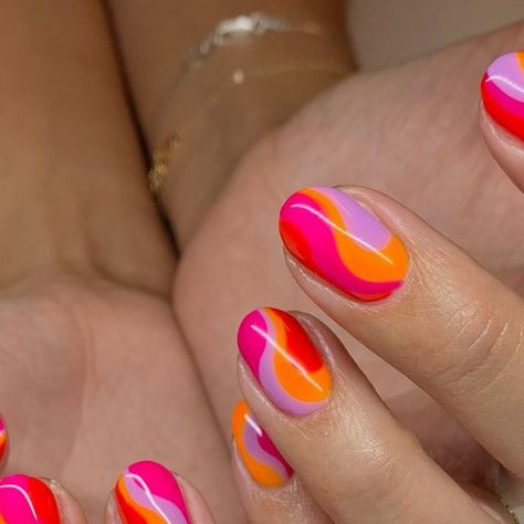 Megan | Luminary + Nail Art on Instagram: "Gimme all the bright colors 😍 We used Bae-Cation, Slap Yo Mama Pink, Mai Tai, and Mandarin Orange - all from @luxapolish Use my code MEG10 to save! #brightnails #summernails #luminarynailsystems #aznailtech #funnails #swirlynails" Orange Pink Nail Art, Bright Pink And Orange Nails, Orange And Purple Nails, Fun Bright Nails, Bae Cation, Magenta Nails, Biab Nails, Orange Nail Designs, Orange Nail