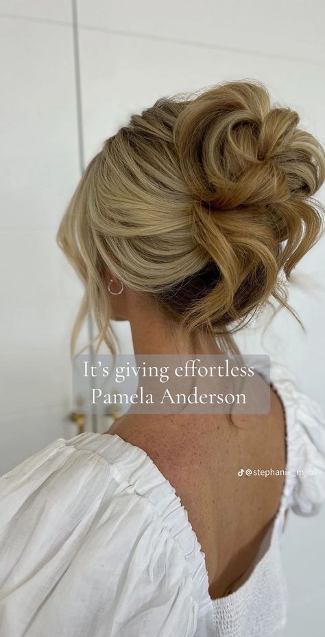 Bridesmaids Hairstyles With Extensions, Romantic Up Do Hairstyles, Beach Updo Wedding, Wedding Updo For High Neck Dress, 90s Updo Bridal, Bun Updos For Wedding, Bridesmaid Hair Updo High Bun, Bridesmaid Hair Updo French Twist, High Messy Bun Updo Wedding