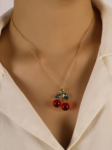 1pc Fashionable And Simple Alloy Cherry Pendant Necklace Red    Zinc Alloy     Women Fashion Jewelry, size features are:Bust: ,Length: ,Sleeve Length: Small Diamond Necklace, Cherry Pendant, Small Gold Necklace, Necklace Tattoo, Red Pendant, Necklace Set Indian, Gold Chain Design, Diamond Necklace Set, Red Necklace