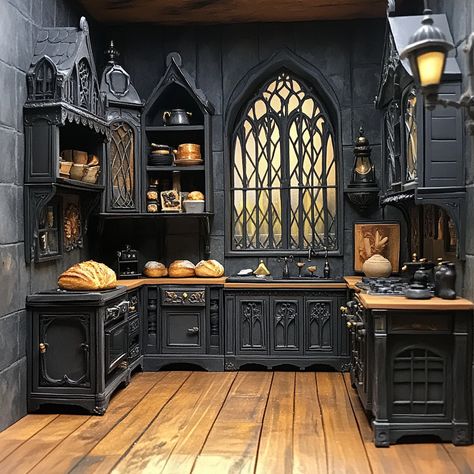 Plasticine miniature 1800s kitchen, gothic style 1800s Kitchen, Kitchen Gothic, Diy Gothic, Gothic Dollhouse, Dollhouse Inspiration, Haunted Dolls, Miniature Rooms, Dark Gothic, Dollhouse Kitchen