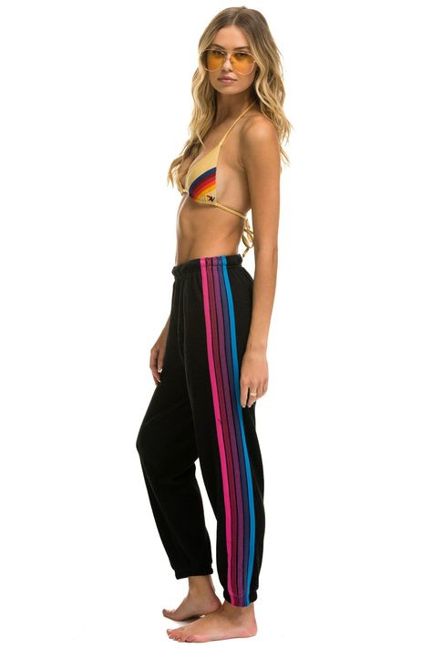 5 STRIPE SWEATPANTS - BLACK // PINK PURPLE - Aviator Nation Striped Sweatpants, The Aviator, Aviators Women, Stitch Work, Aviator Nation, Casual Sweatpants, Neon Rainbow, Striped Hoodie, Womens Sweatpants