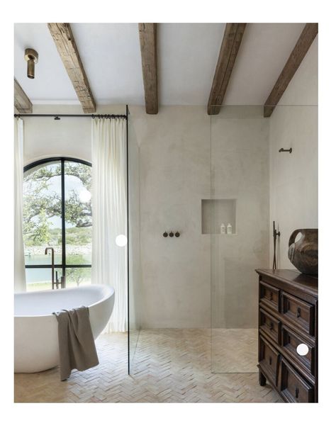 Wooden Beam Bathroom, Modern Spanish Master Bath, Exposed Beam Bathroom, Wood Beam In Bathroom, European Master Bath, Bathroom With Beams, Spanish Master Bath, Wood Beam Bathroom, Belgian Bathroom