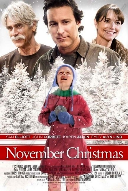 November Christmas is a 2010 American film based on a short story written by Greg Coppa and starring Sam Elliott, John Corbett, Karen Allen, Sarah Paulson and Emily Alyn Lind. The movie premiered on CBS on November 28, 2010. It was presented through Hallmark Hall of Fame. It was shot in Nova Scotia. Plot: A small Rhode Island community comes together to create special Halloween and Christmas moments several weeks early for Vanessa Marks, an 8-year-old girl with a life-threatening illness. Movie Romantic, Great Christmas Movies, John Corbett, Happy Movie, Christmas Movies List, November Christmas, Xmas Movies, British Movies, Sam Elliott