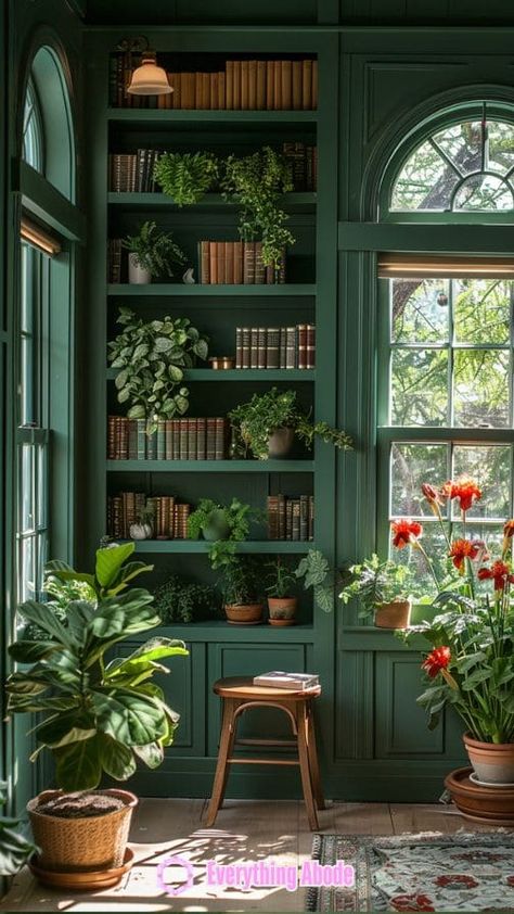 26+ Stunning Sunny Sunroom Ideas That'll Make Your Heart Swoon Moody Conservatory, Sunroom Garden Indoor, Sunroom Plants Ideas, Solarium Office, Dark Sunroom, Conservatory Library, Conservatory Ideas Interior Decor, Conservatory Ideas Interior, Victorian Sunroom