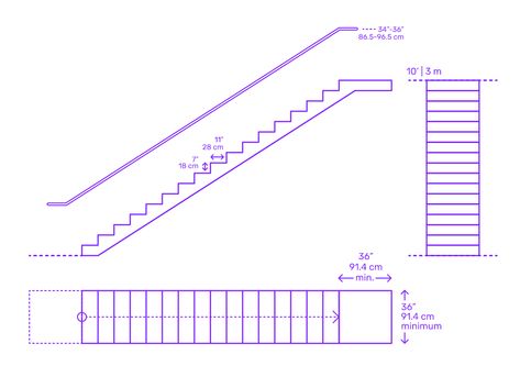 Straight Stairs Dimensions & Drawings | Dimensions.com Types Of Stairs Architecture, Stairs Dimensions Plan, Straight Stairs Design, Straight Drawing, Stair Stringer Layout, Staircase Dimensions, Stairs Drawing, Stairs Floor Plan, Stairs Height