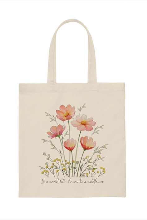 Flower Tote Bag Design, Wild Flower Design, Flower Tote Bag, Unique Tote Bag, Flower Tote, Flower Drawing Design, Stylish Tote Bag, Bag Design, Bag Canvas