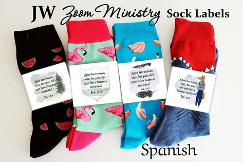 A fun gift idea for pioneers - or any brothers or sisters using Zoom for their ministry.  Just print, cut out, wrap around a pair of cute socks and glue, tape or staple label together on the back. The designs include Isaiah 52:7 on the front and choice on back of: Zoom Ministry or Virtual Pioneer School 2022. Please note: These are digital files. You will not receive any actual products. They are sized for US letter size paper and also A4 paper.  * 4 different brothers' designs in PDF format  * Pioneer School Gifts Jw, Pioneer School Gifts, Jw Ministry, Jw Pioneer Gifts, Jw Pioneer, Church Gifts, Pioneer School, Pioneer Gifts, Jw Gifts